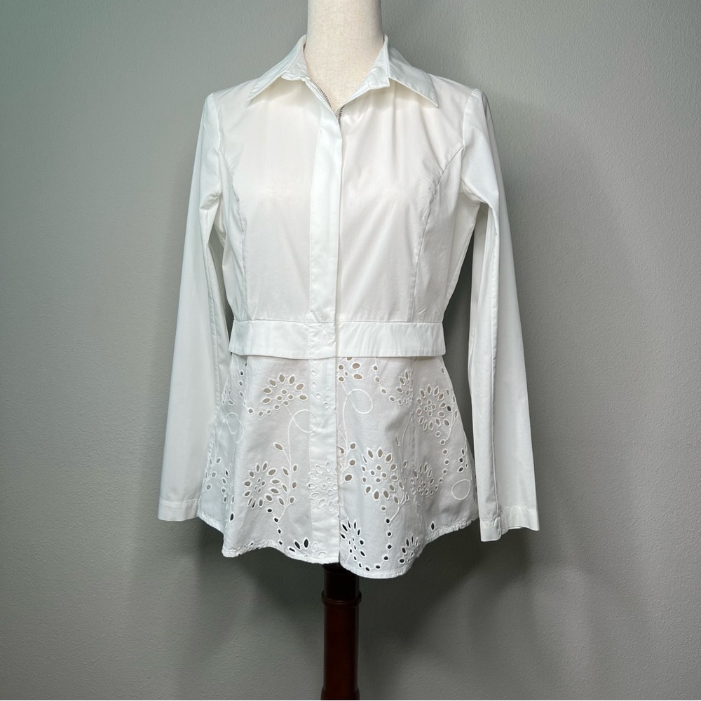 Donna Karan White Eyelet Peplum Blouse - Picture 2 of 8
